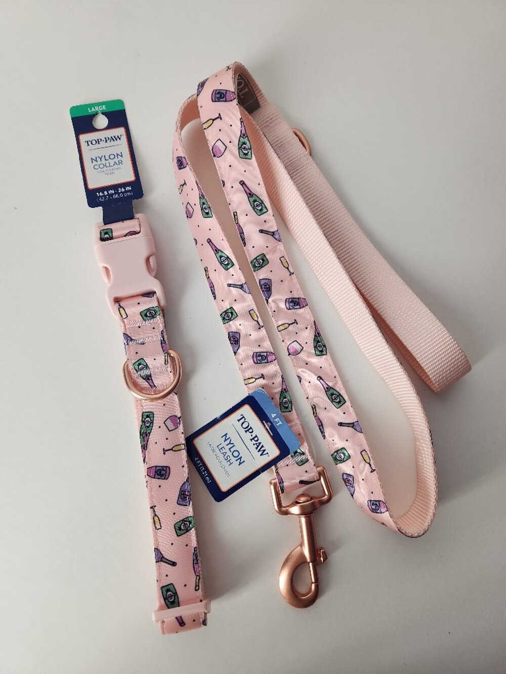 Nylon Dog Collar size L and Matching Leash 4ft Pink Champagne Top Paw